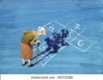 An Elderly Lady Watching The Game Designed On The Road, Sees His Shadow Become A Girl Who Jumps In The Game Concerpt Of Memory And Life Humorous Painting