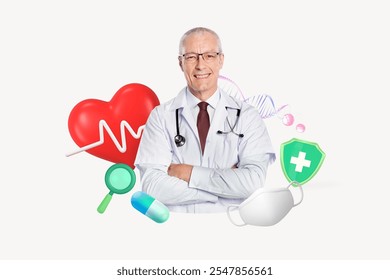 Elderly male doctor with glasses, wearing a stethoscope. Medical symbols like heart, mask, and pills surround him, emphasizing healthcare and medicine. Healthcare and medicine mixed media. - Powered by Shutterstock