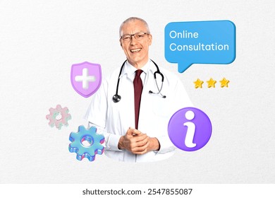 Elderly male doctor smiling, wearing a stethoscope. Online consultation icons surround him, including a speech bubble, gear, and shield. Medical theme. Creative medical consultation remix design - Powered by Shutterstock