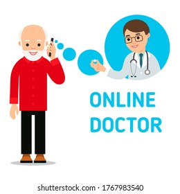 An elderly man calls up a doctor. A young doctor advises the patient the medicine on the phone. Health care and modern communication technology concept. Flat illustration on white background. - Powered by Shutterstock