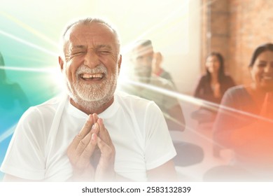 Elderly man meditating, smiling joyfully. Meditation class, diverse group. Elderly man, joyful expression, meditation focus. Diverse meditation group, smiling faces. Yoga exercise concept.