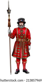 Elderly Man With A Spear In Red Clothes, Beefeater Yeoman Warder