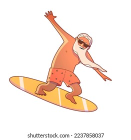 an elderly man stands on a surfboard, the wind develops his beard, he enjoys life and is in good shape color illustration - Powered by Shutterstock