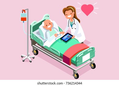 Elderly patient in bed and therapist. 3D flat isometric people in flat style design. illustration - Powered by Shutterstock