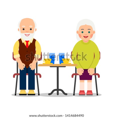Elderly peole are sitting at a table and drinking coffee and water. Old couple enjoying time together. Illustration of people characters isolated on white background in flat style. 