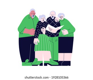 Elderly People Choral Singing From Song Book Together Illustration. Seniors Couples Have Music Hobby. Rastered Copy