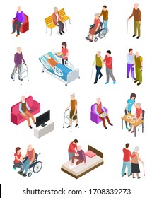 Elderly People Isometric. Senior Persons, Helper Nurse. Seniors Medical Home Therapy. People In Wheelchair. 3d Gerontology Set