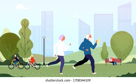 Elderly people park. Seniors happy grandfather grandmother couple elderly people walking running cycling summer outdoor concept - Powered by Shutterstock