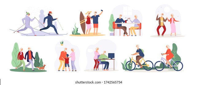 Elderly people. Senior grandfather grandmother couple sport tourist granny elderly people walking running cycling dancing set - Powered by Shutterstock