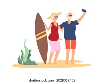 Elderly summer vacation. Grandparent selfie on beach. Happy old couple with surf board near sea. Woman man relaxing and video calling illustration - Powered by Shutterstock