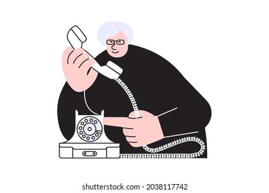 Elderly Woman In Black Blouse Is Speaking By Retro Phone. Communication Concept Isolated On White Background. Flat Art  Illustration