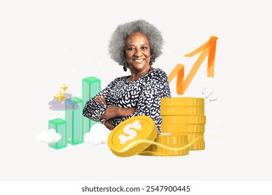 Elderly woman with gray hair stands confidently with arms crossed. Illustrated coins and upward arrow symbolize financial growth and success. Money and pension fund, mixed media. - Powered by Shutterstock