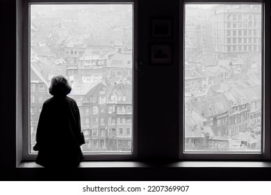 Elderly woman looking out the window, black and white colors - Powered by Shutterstock