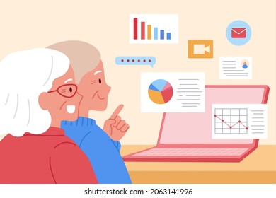 Elder's Pension Investment. Flat Illustration Of An Old Couple Visiting Their Stock Dashboard Portfolio On Internet And Discussing The Retirement Financial Plan