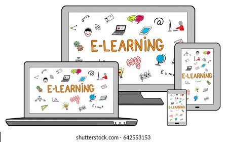 E-learning concept on different devices, isolated on white