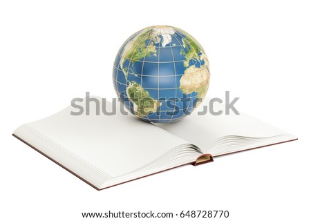 E-learning concept, opened book with Earth globe. 3D rendering isolated on white background, Elements of this image furnished by NASA