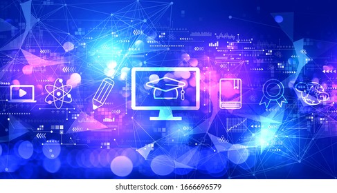 E-learning concept with technology blurred abstract light background