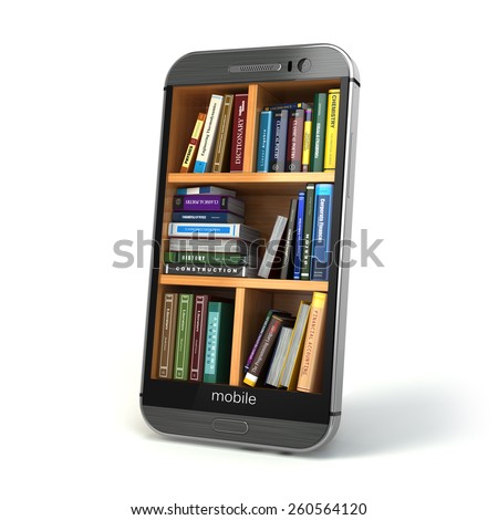 E-learning education or internet library concept. Smartphone and books. 3d