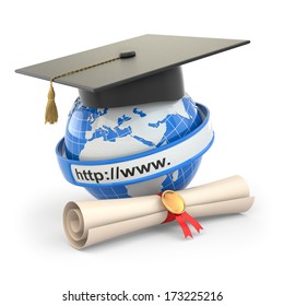 E-learning. Globe, Diploma And Mortar Board. 3d