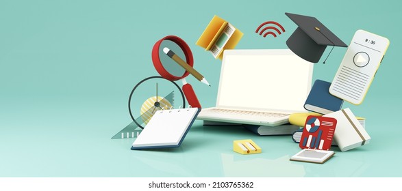 E-learning with laptop and wi-fi symbol surrounded by Graduate cap, open books, balloon, Ruler, statistical graph, pencil and magnifying glass on blue and yellow color tone. realistic 3d render