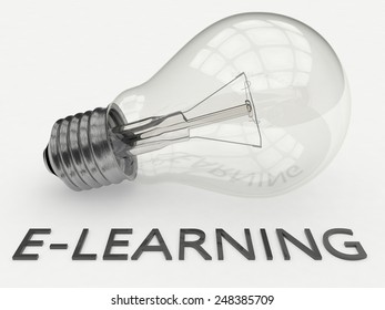 E-learning - lightbulb on white background with text under it. 3d render illustration.