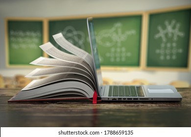 E-learning online education or internet  encyclopedia concept. Open laptop and book compilation in a classroom. 3d illustration