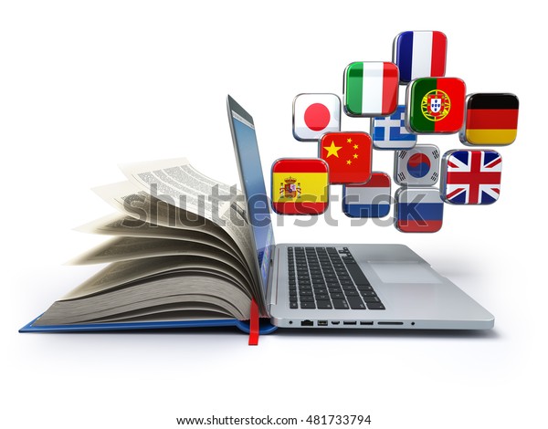 Eラーニングまたはオンライン翻訳のコンセプト オンラインで言語を学ぶ ノートパソコン 本 旗 3dイラスト のイラスト素材