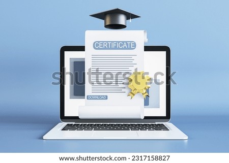 E-learning platform and online courses concept with front view on qualification certificate with golden seal, black graduation cap and modern laptop on blue background. 3D rendering
