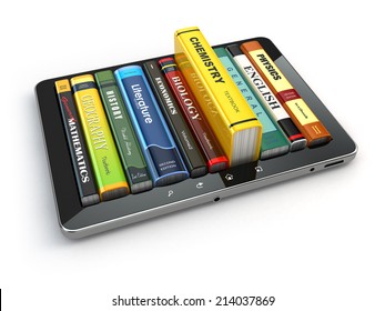 E-learning.  Tablet Pc And Textbooks. Education Online. 3d