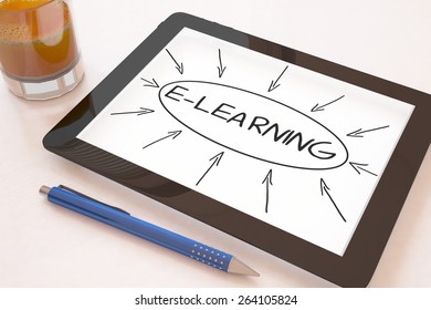 E-learning - text concept on a mobile tablet computer on a desk - 3d render illustration.