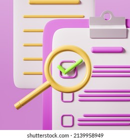 Election Ballot On Pink Background. Magnifying Glass Zoom A Green Tick. Concept Of Vote And Choice. 3D Rendering