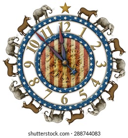 Election Countdown Clock Elephants And Donkeys Representing The Democratic And Republican Parties. Clock Hands Are Isolated Separately To Be Placed And Rotated Around The Clock.