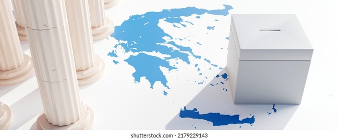 Election In Greece. Voting Box And Ancient Greek Marble Pillars On Blue And White Greek Map Background, Above View. 3d Render