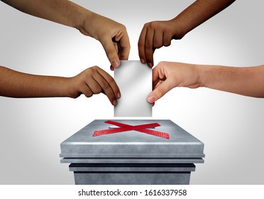 Election voter suppression as diverse hands are discouraged or prevented a group of people from casting a ballot at a voting polling station vote restrictions concept with 3D illustration elements.