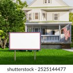 Election yard sign outside American home with waving flag