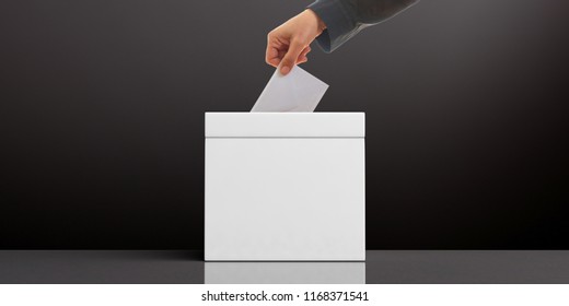 Elections Concept. Hand Inserting An Envelope In A White Blank Ballot Box On Black Background, Copy Space. 3d Illustration