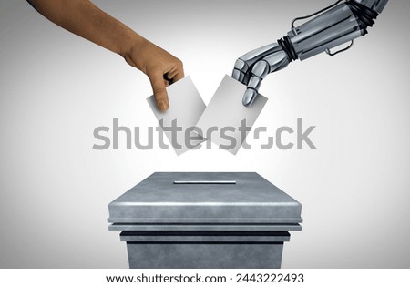 Elections And Technology as voting digital security issues and vote integrity as a human voter and an AI robot voting election trust challenges as an ethical dilemma with 3D illustration elements.