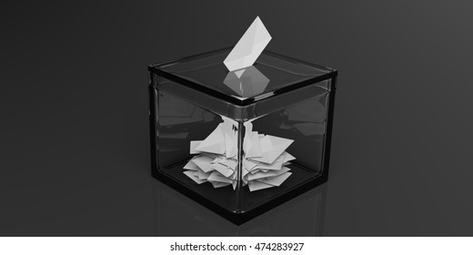 Elections Transparency. Glass Transparent Voting Box On Black Background. 3d Illustration