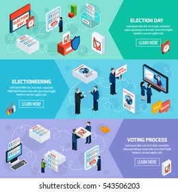 Elections and voting isometric horizontal banners with electioneering election day and voting process icons set flat  illustration