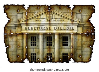 Electoral College System Presented As A Real Physical College Building On Antique Parchment. 3D Illustration