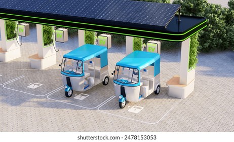 Electric auto rickshaws or e-auto rickshaws at charging station,  electric E-auto rickshaw exclusive, Electric vehicle using sustainable source, wind generator. Saving, climate change, 3D RENDER