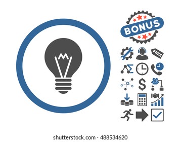 Electric Bulb icon with bonus clip art. Glyph illustration style is flat iconic bicolor symbols, cobalt and gray colors, white background.