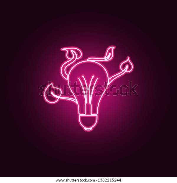 electric bulb and leaves icon. Elements of\
Ecology in neon style icons. Simple icon for websites, web design,\
mobile app, info\
graphics