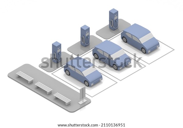 Electric car and charger. EV car and charging\
stand being charged. Use the charging spot installed on the road.\
3D rendering
