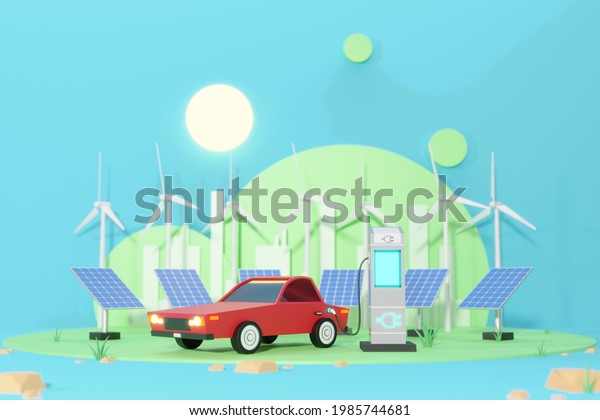 Electric car charging at the charger\
station with Wind turbines and solar panels, generate renewable\
clean energy, Green energy, save world concept - 3D\
render