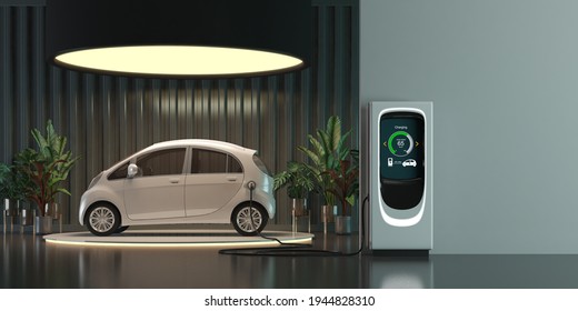 Electric Car Charging In Garage.3d Rendering