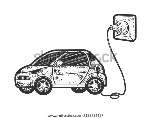 electric car charging from power outlet socket\
sketch engraving raster illustration. Scratch board imitation.\
Black and white hand drawn\
image.