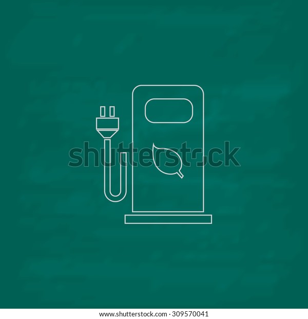 Electric car\
charging station or Bio fuel petrol. Outline icon. Imitation draw\
with white chalk on green chalkboard. Flat Pictogram and School\
board background. Illustration\
symbol