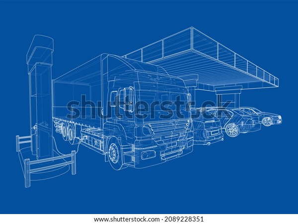 Electric Car Charging Station with Cars and\
Truck. 3d\
illustration