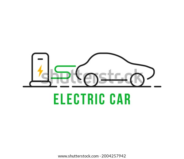 electric car with charging station. concept of\
vehicle without gas and co2 or economy automobile or new\
technology. stroke flat trend lineart logotype graphic art design\
isolated on white\
background